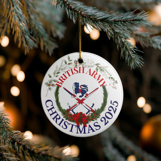 British Army Christmas ornament 2025 featuring Army crest with festive wreath and red ribbon design.