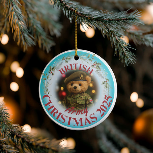 British Army Christmas ornament 2025 featuring teddy bear in combat uniform and beret with festive wreath background.