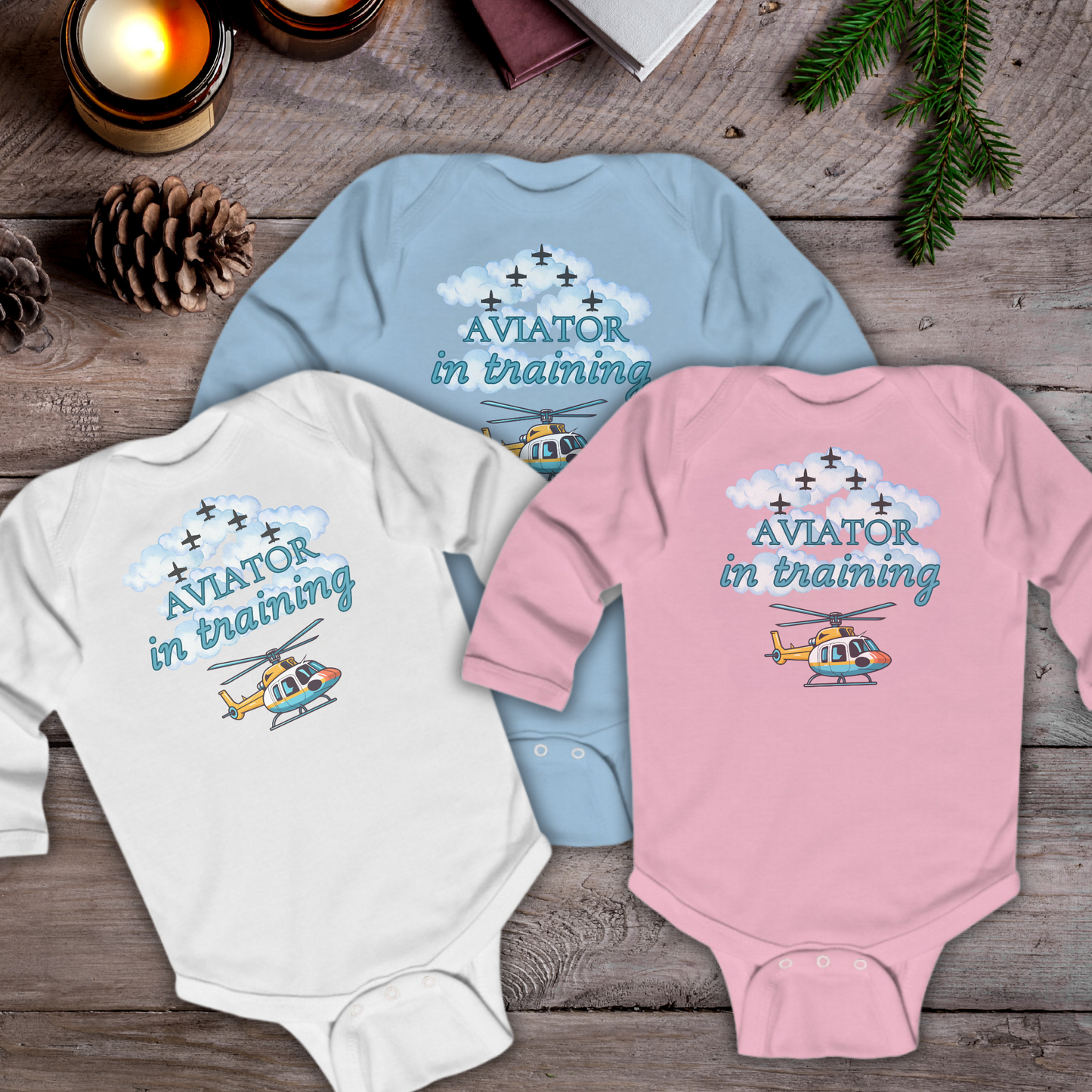Aviator in Training Long Sleeve Baby Bodysuit | Air Force Baby Outfit with US Flag | 3 Colors Available