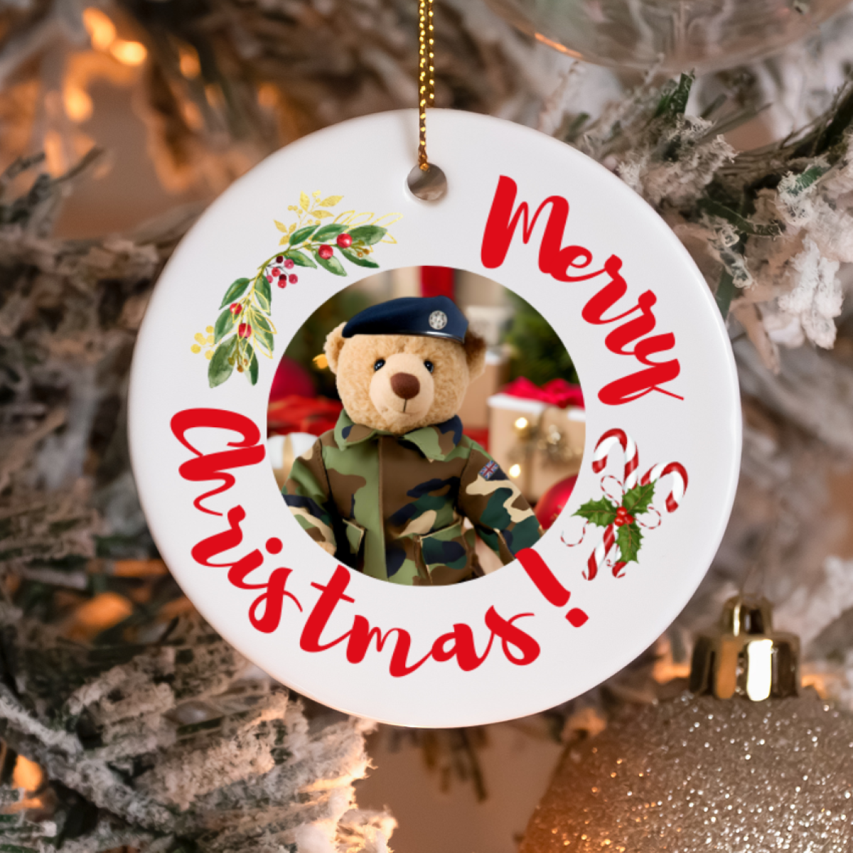 Round ceramic Christmas ornament or gift with RAF military bear, candy cane, and mistletoe on a Christmas tree, perfect for any RAF military family