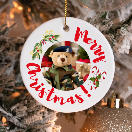 Round ceramic Christmas ornament or gift with RAF military bear, candy cane, and mistletoe on a Christmas tree, perfect for any RAF military family