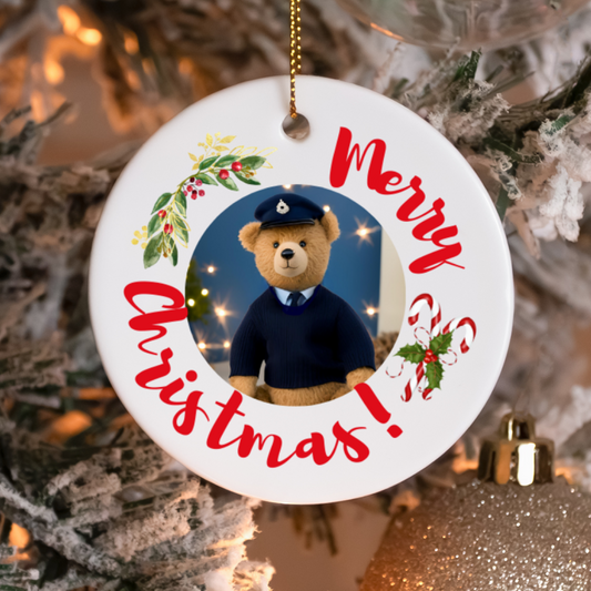 Round ceramic Christmas ornament or gift with RAF military bear, candy cane, and mistletoe on a Christmas tree, perfect for any RAF family