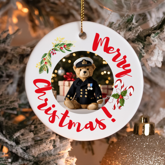 Round ceramic Christmas ornament or gift with Royal Navy military bear, candy cane, and mistletoe on a Christmas tree for any military and royal navy family