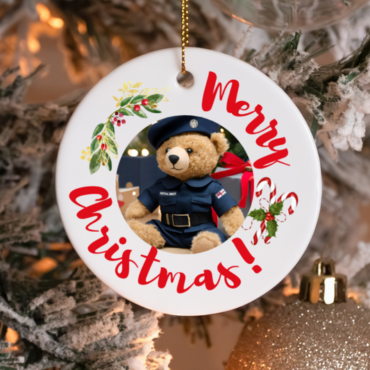 Round ceramic Christmas ornament or gift with Royal Navy military bear, candy cane, and mistletoe on a Christmas tree for any military and royal navy family