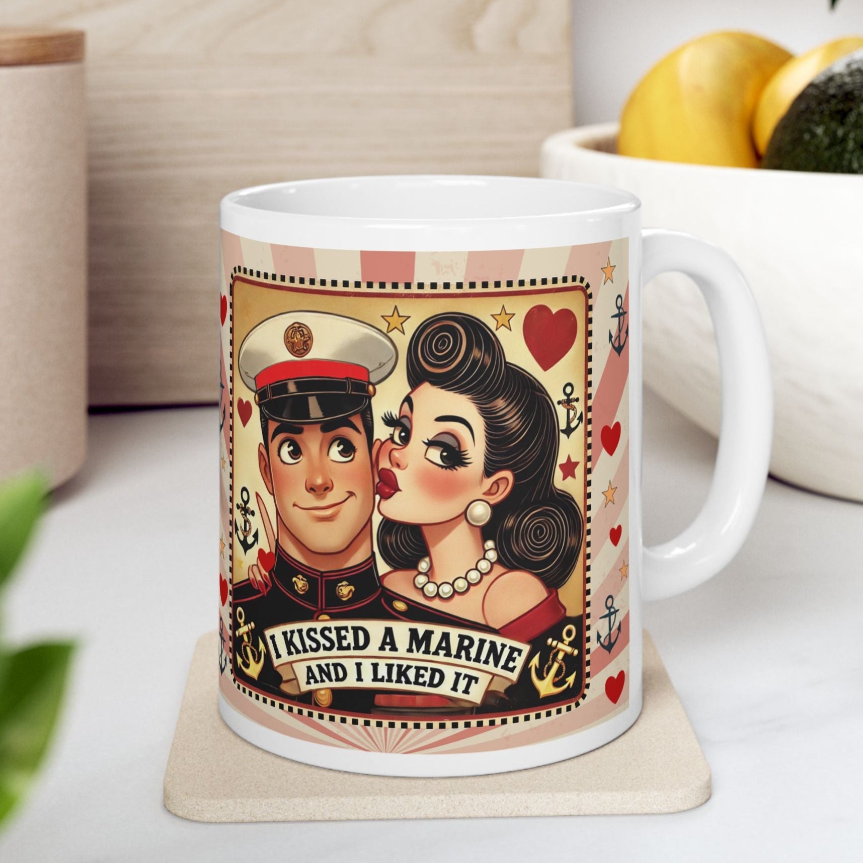 White ceramic coffee mug with 'I Kissed a Marine and I Liked It' in retro 50s design, perfect for Marine spouses and military girlfriends.