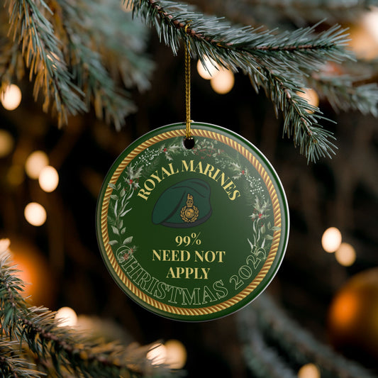 Royal Marines Christmas ornament 2025 featuring green beret and festive wreath with gold rope border.