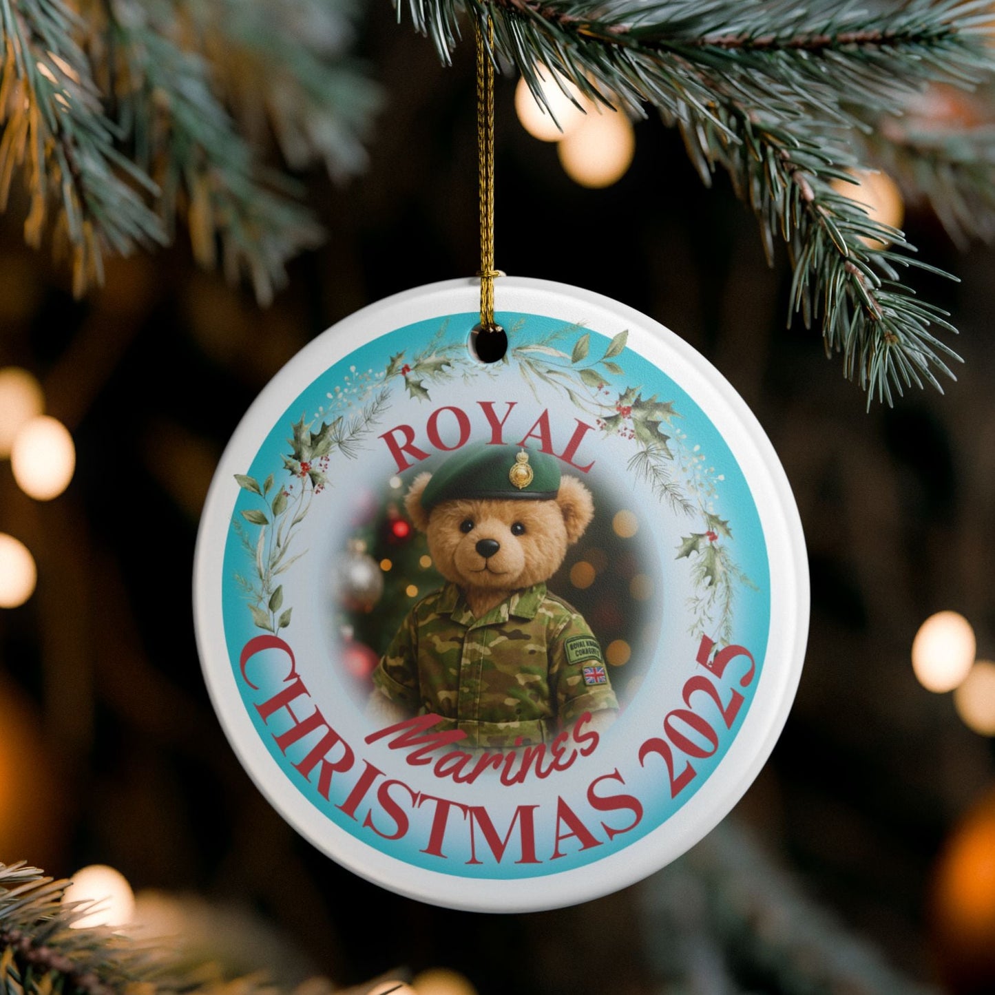Royal Marines Christmas ornament 2025 featuring teddy bear in Royal Marines uniform with green beret and festive wreath design.