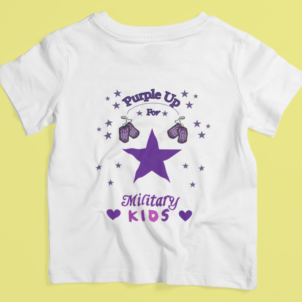Military Kids T Shirt featuring a purple star with two purple dog tags and the text, 'Purple Up for Military Kids' in celebration of the month of the military child.