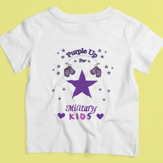 Military Kids T Shirt featuring a purple star with two purple dog tags and the text, 'Purple Up for Military Kids' in celebration of the month of the military child.