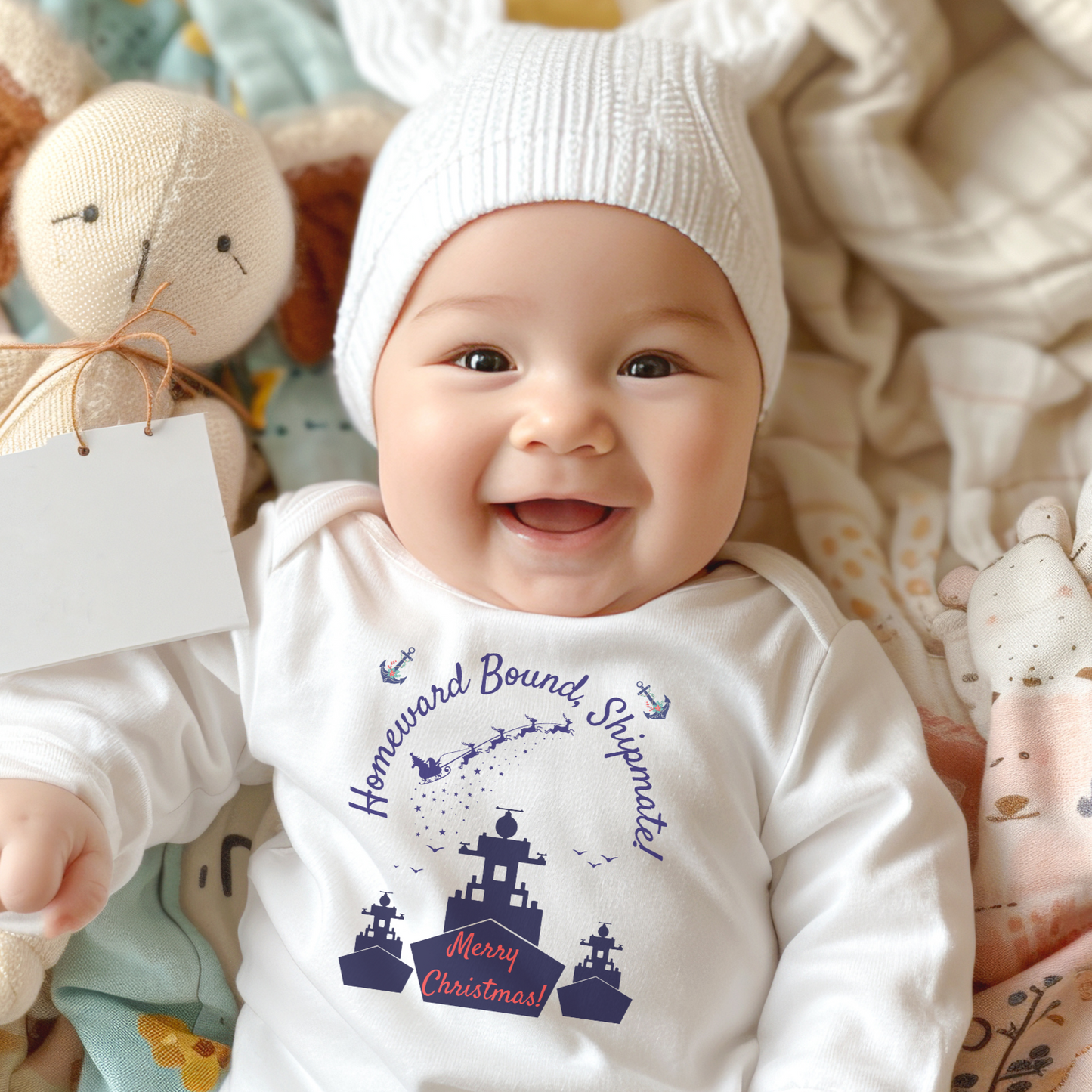 Homeward Bound for Christmas baby grow with long sleeves, featuring a boat design for Navy families celebrating a holiday homecoming.