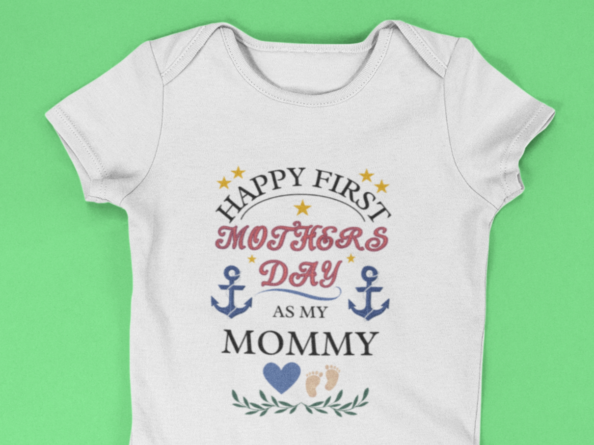 White short-sleeve baby bodysuit with 'Happy First Mother’s Day as My Mommy' text, featuring subtle US Navy details like anchors, stars, and baby footprints. Soft cotton fabric, perfect gift for a Navy mom’s first Mother’s Day.