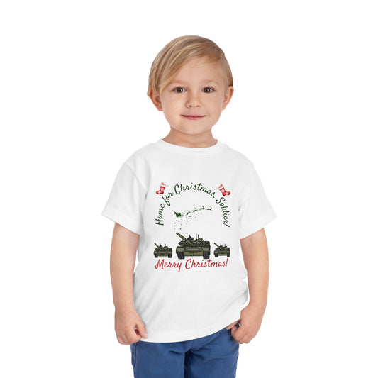Home for Christmas soldier toddler t-shirt in 7 colors, perfect for Army kids and military families, made from soft Airlume cotton.