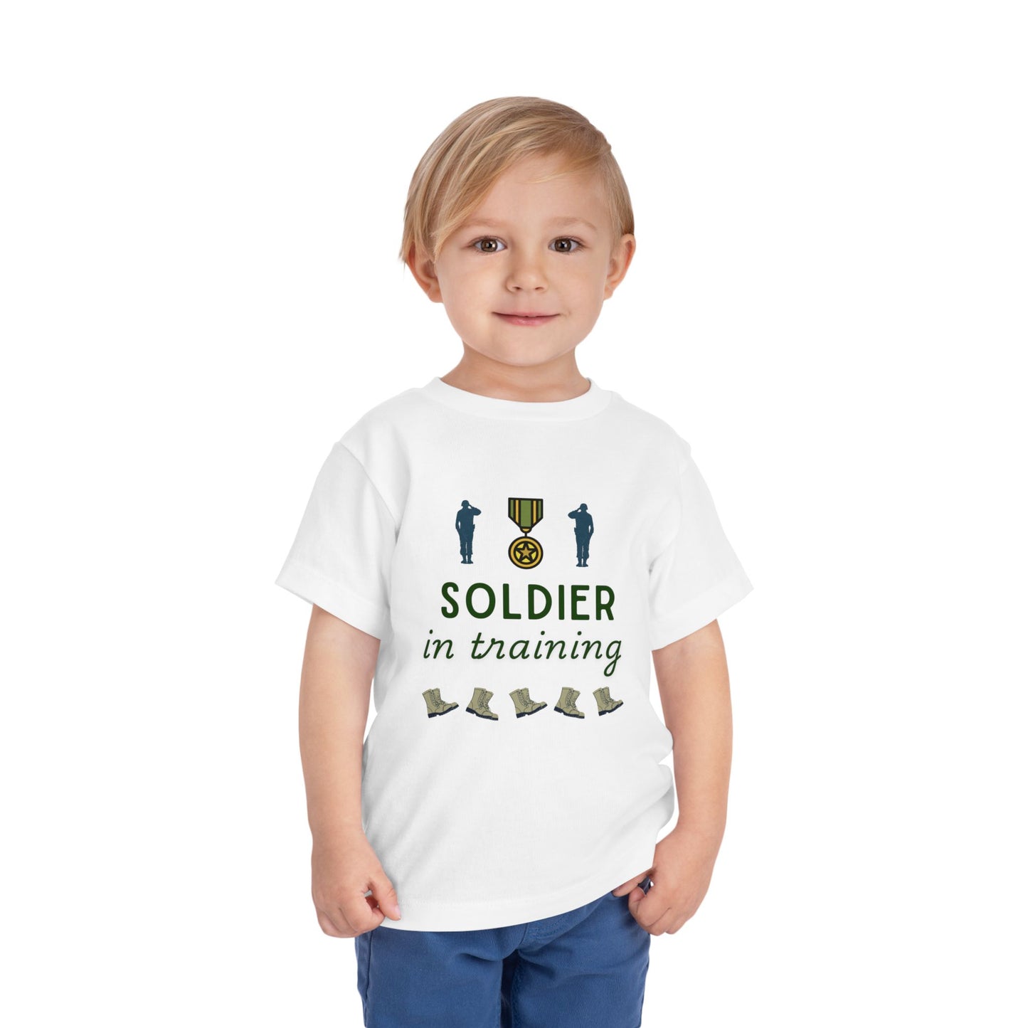 Soldier in Training toddler t-shirt in Army green, perfect for Army kids and military families, made from soft Airlume cotton.