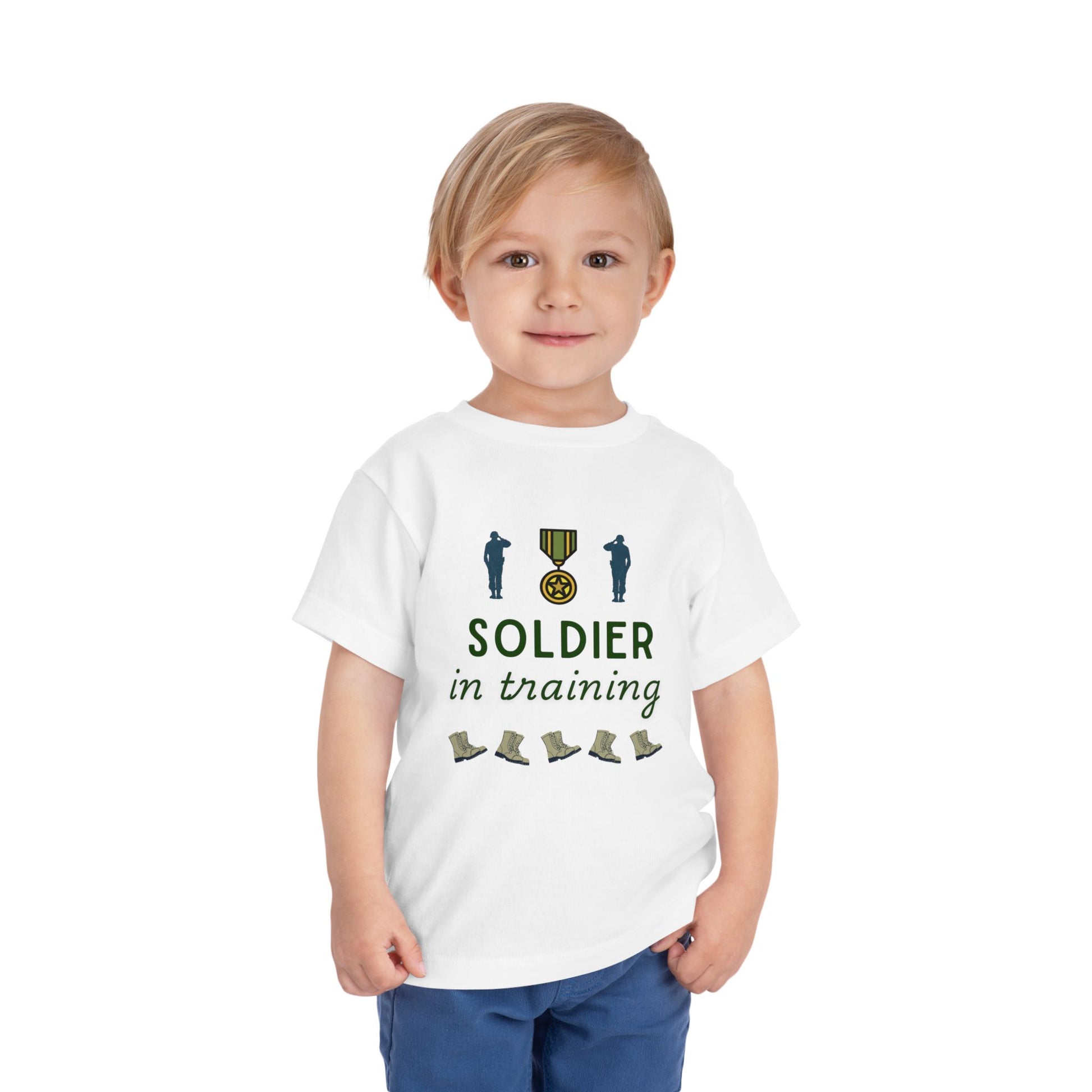 Soldier in Training toddler t-shirt in Army green, perfect for Army kids and military families, made from soft Airlume cotton.