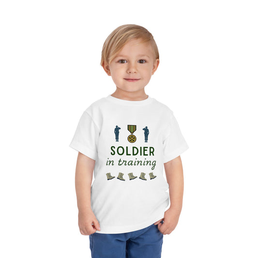Soldier in Training toddler t-shirt in Army green, perfect for Army kids and military families, made from soft Airlume cotton.