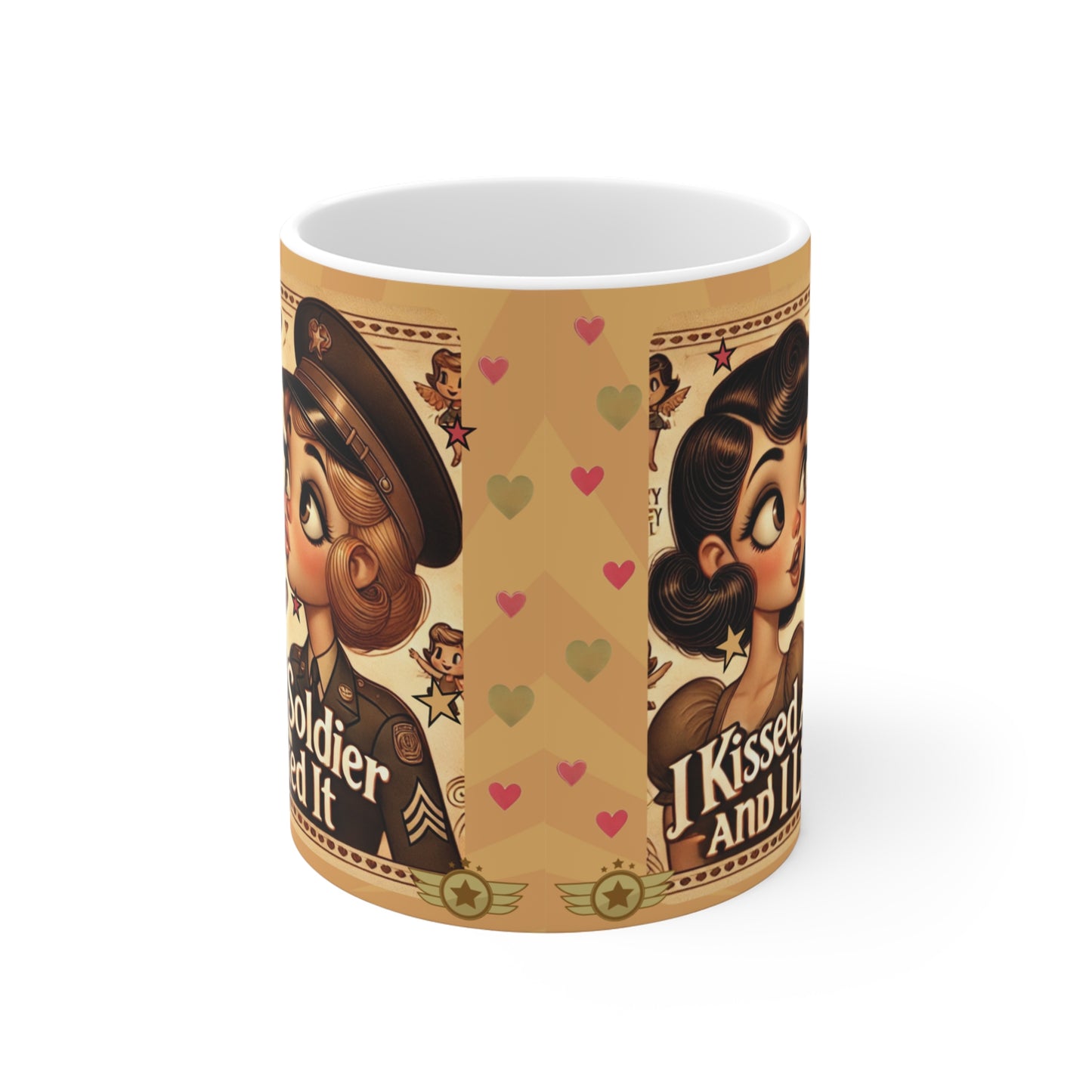 I Kissed a Soldier and I Liked It Coffee Mug – Retro LGBTQ+ Couple Design | Army-Themed Lesbian Gift