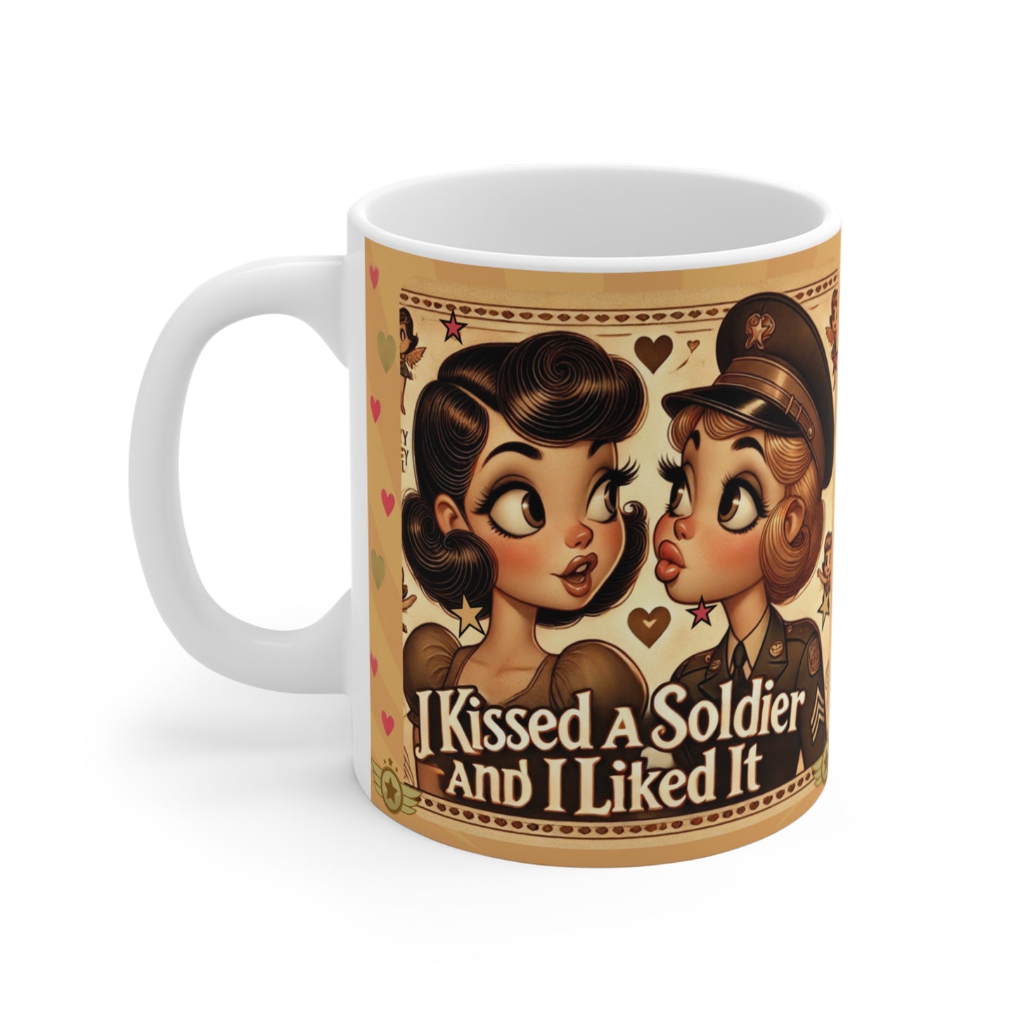 I Kissed a Soldier and I Liked It Coffee Mug – Retro LGBTQ+ Couple Design | Army-Themed Lesbian Gift