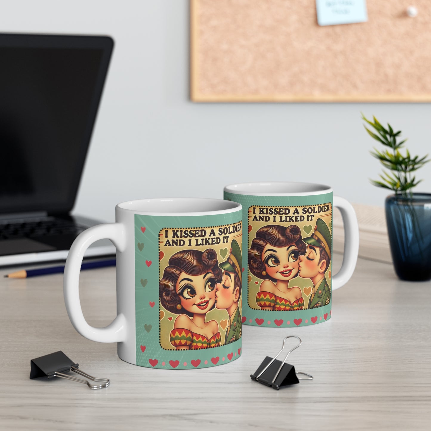 I Kissed a Soldier and I Liked It Retro 50s Coffee Mug – Brunette Lady Design