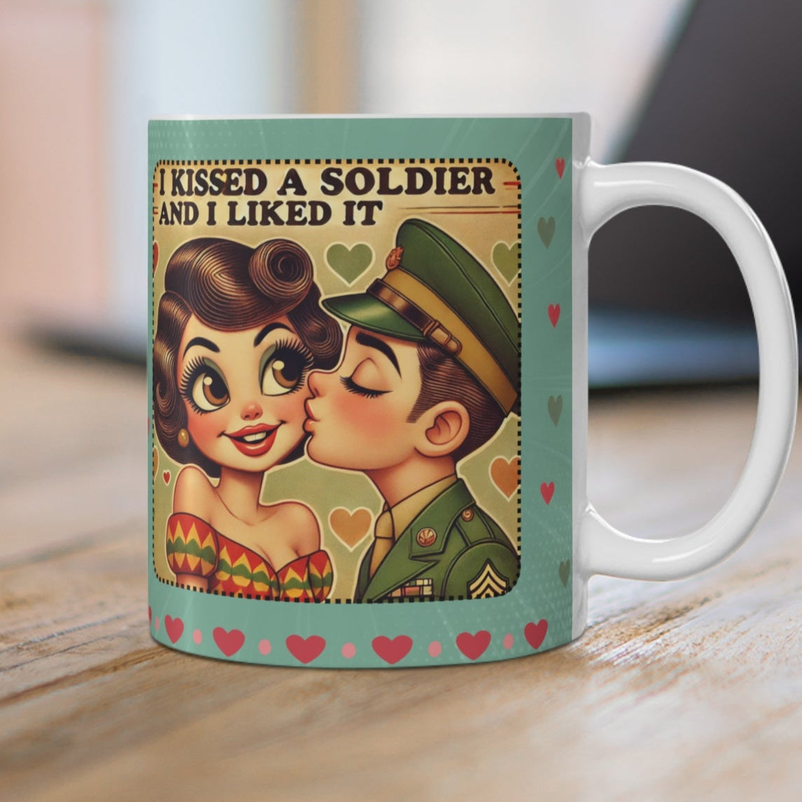 Retro 50s-style ceramic coffee mug with brunette lady and Army-themed 'I Kissed a Soldier and I Liked It' design, perfect for military families.