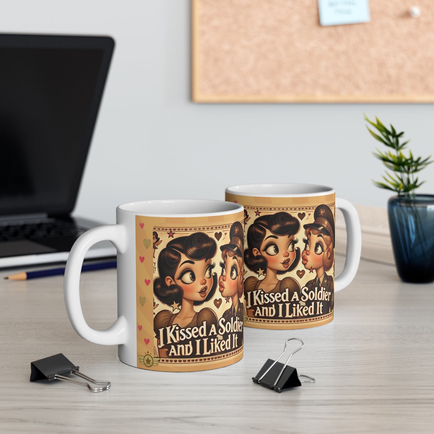 I Kissed a Soldier and I Liked It Coffee Mug – Retro LGBTQ+ Couple Design | Army-Themed Lesbian Gift