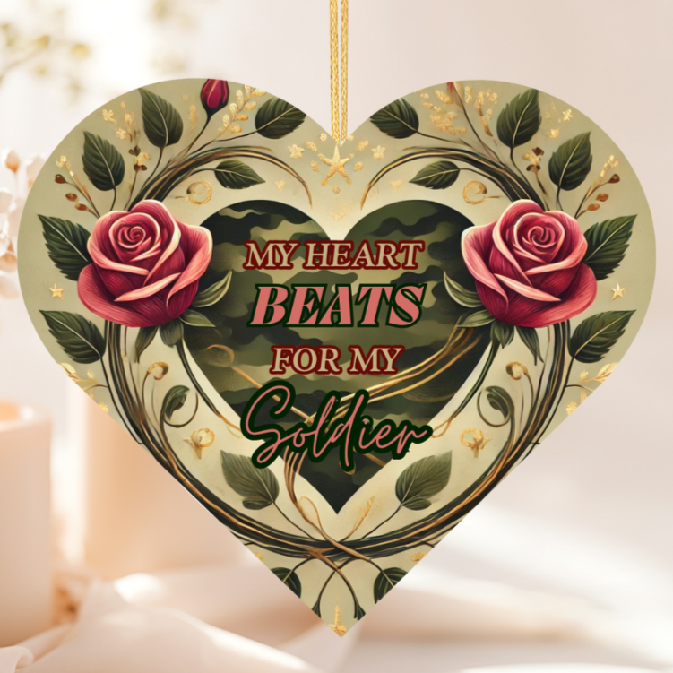 My Heart Beats for My Soldier – Heart-Shaped Ceramic Ornament
