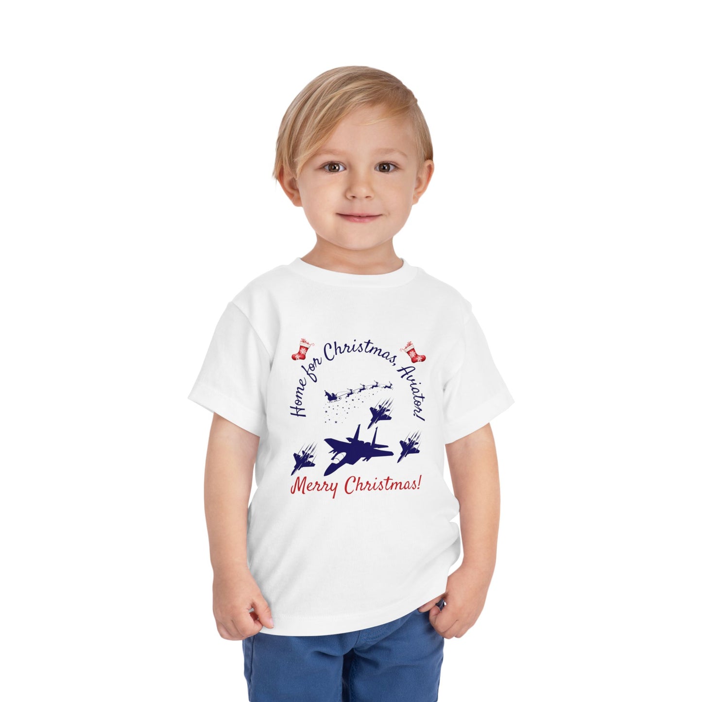 White toddler t-shirt featuring aviator-inspired Christmas design, ideal for USAF kids and military toddlers.