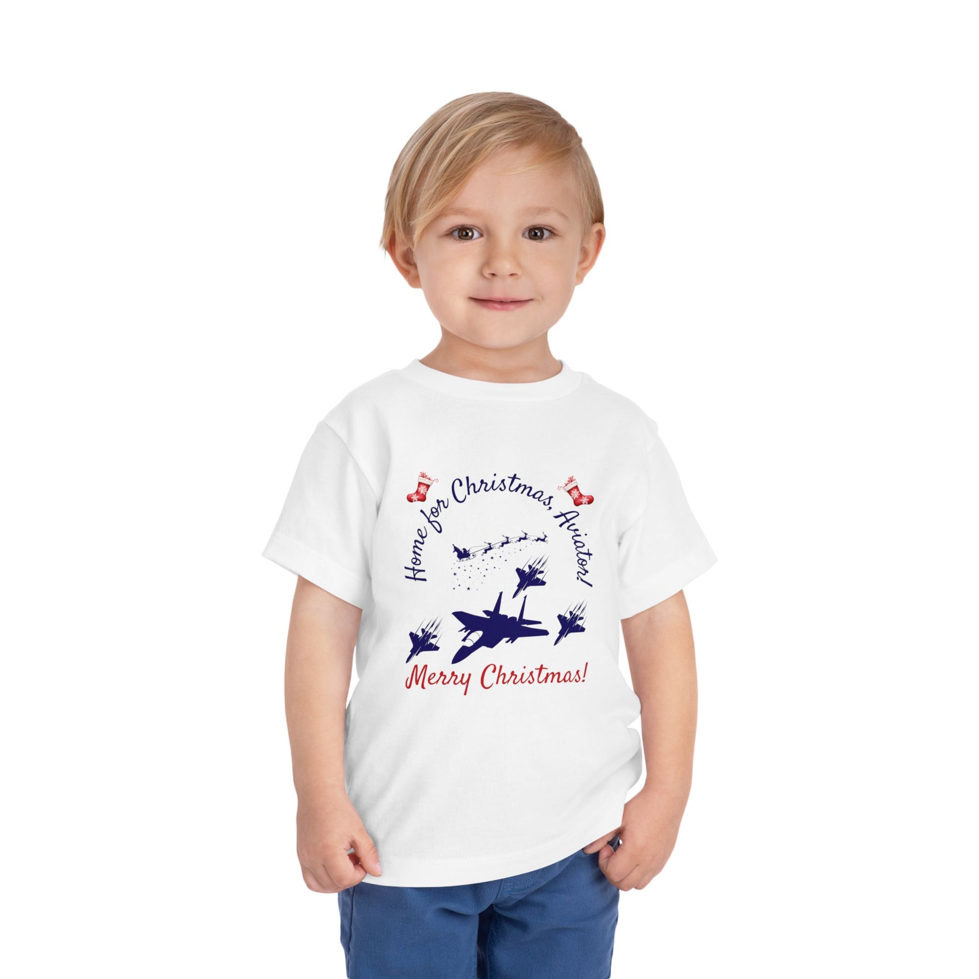 White toddler t-shirt featuring aviator-inspired Christmas design, ideal for USAF kids and military toddlers.