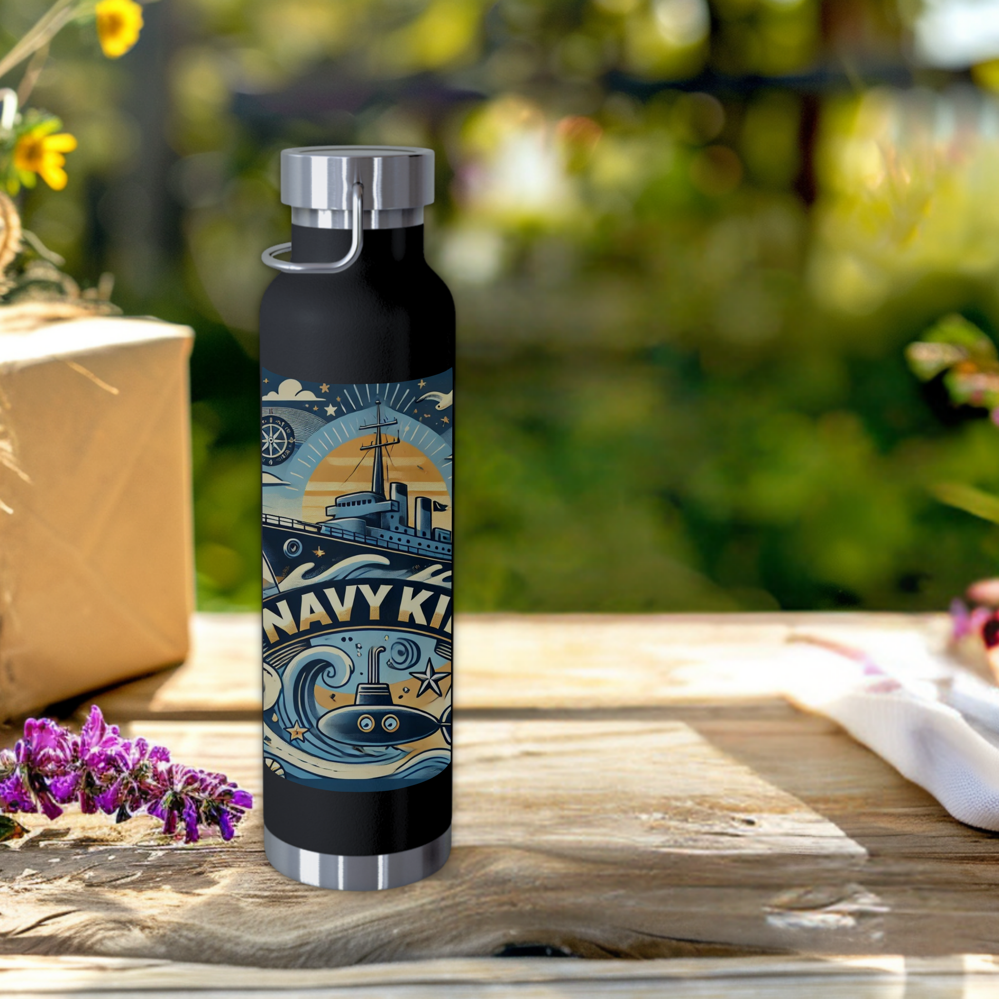 22oz insulated Navy Kid water bottle in red, featuring fun anchors, waves, and custom text for military families.