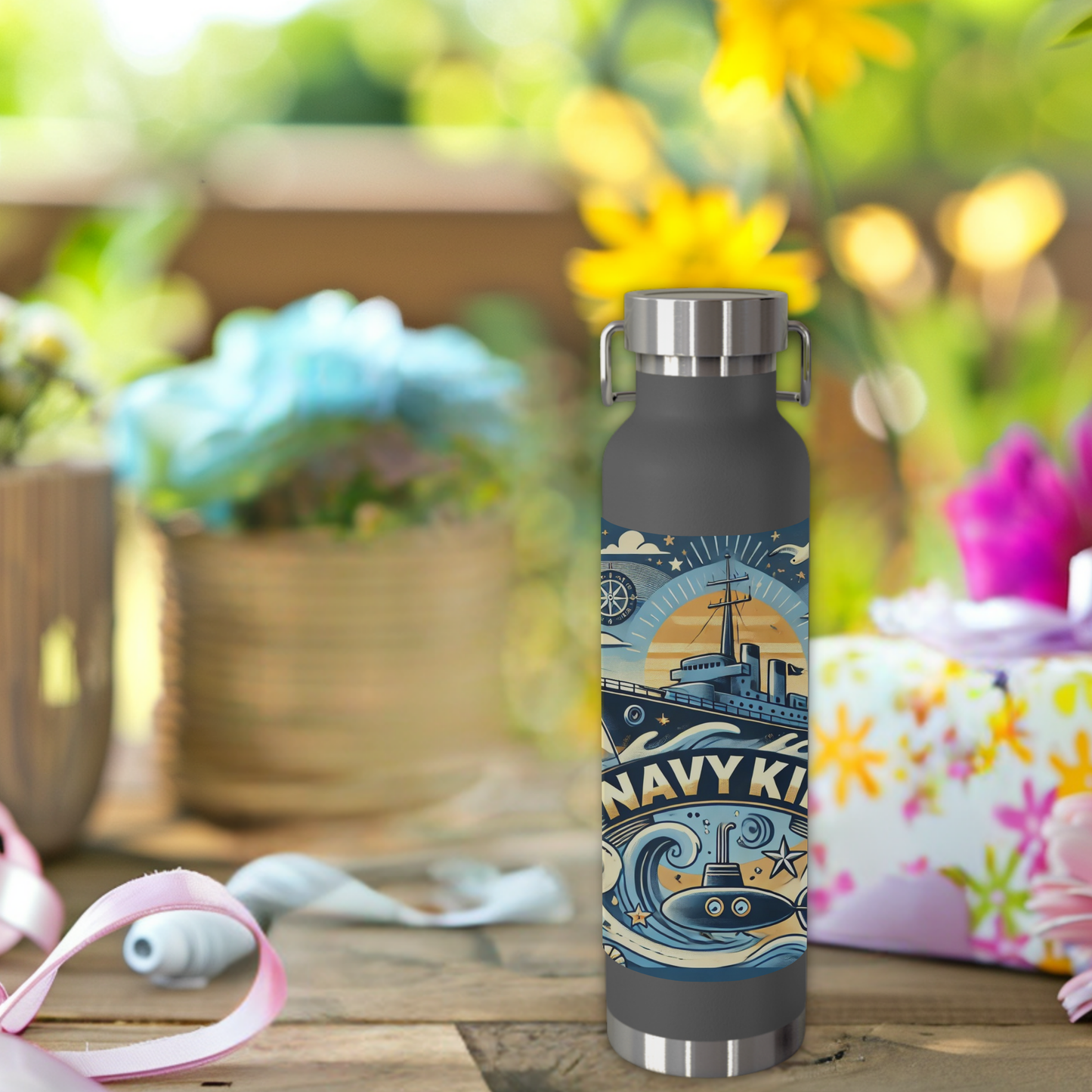 Navy Kid Water Bottle – 22oz Copper Insulated, Fun Nautical Design