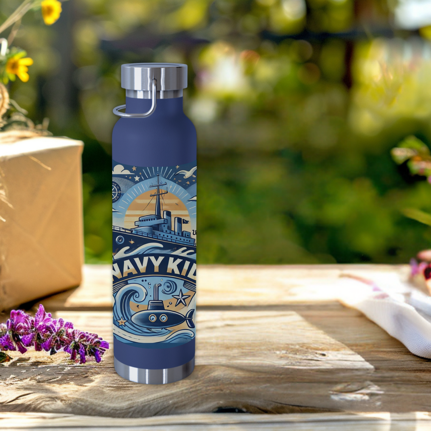 Navy Kid water bottle in navy blue, 22oz insulated stainless steel with cheerful nautical design.