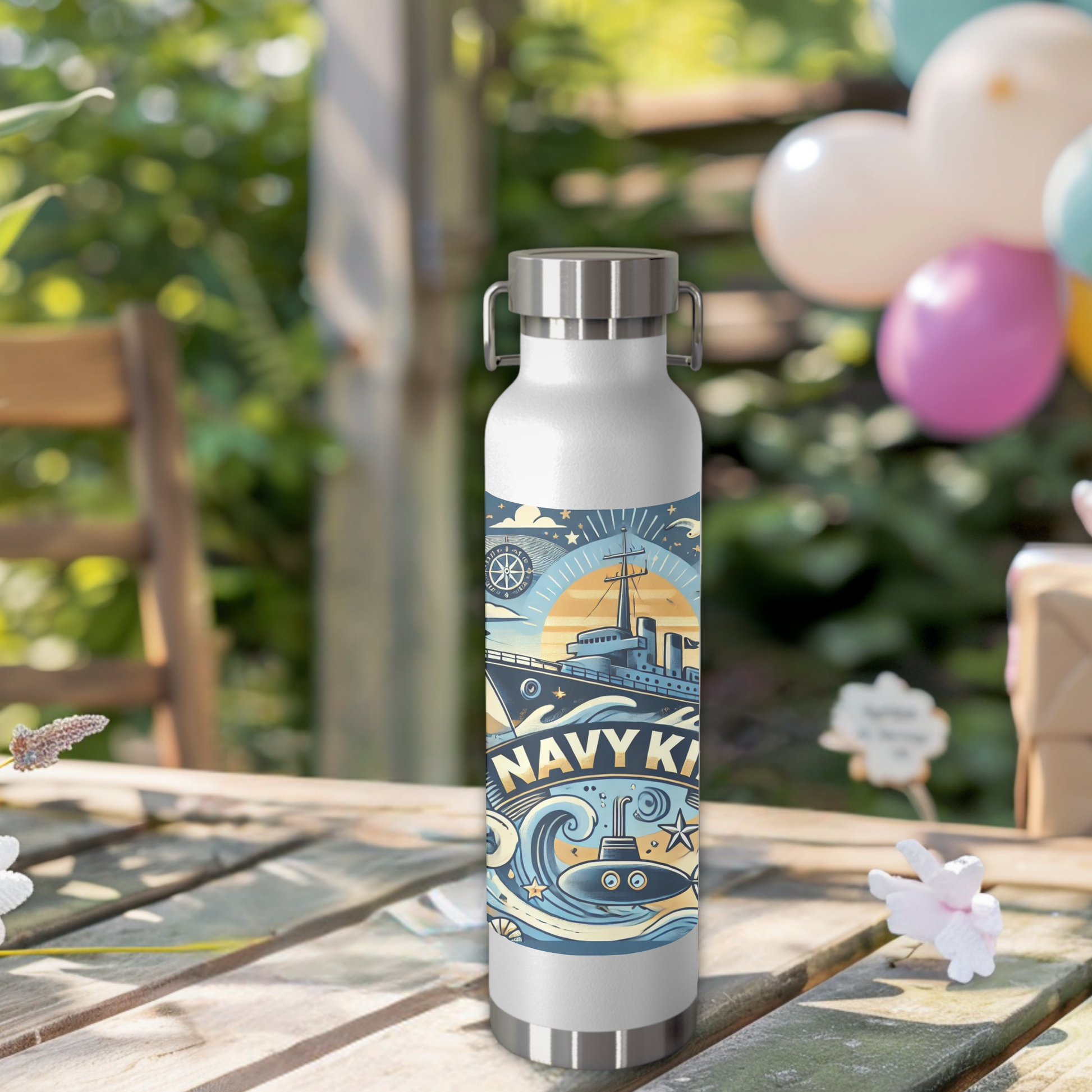 22oz insulated Navy Kid water bottle in white, featuring fun anchors, waves, and custom text for military families.