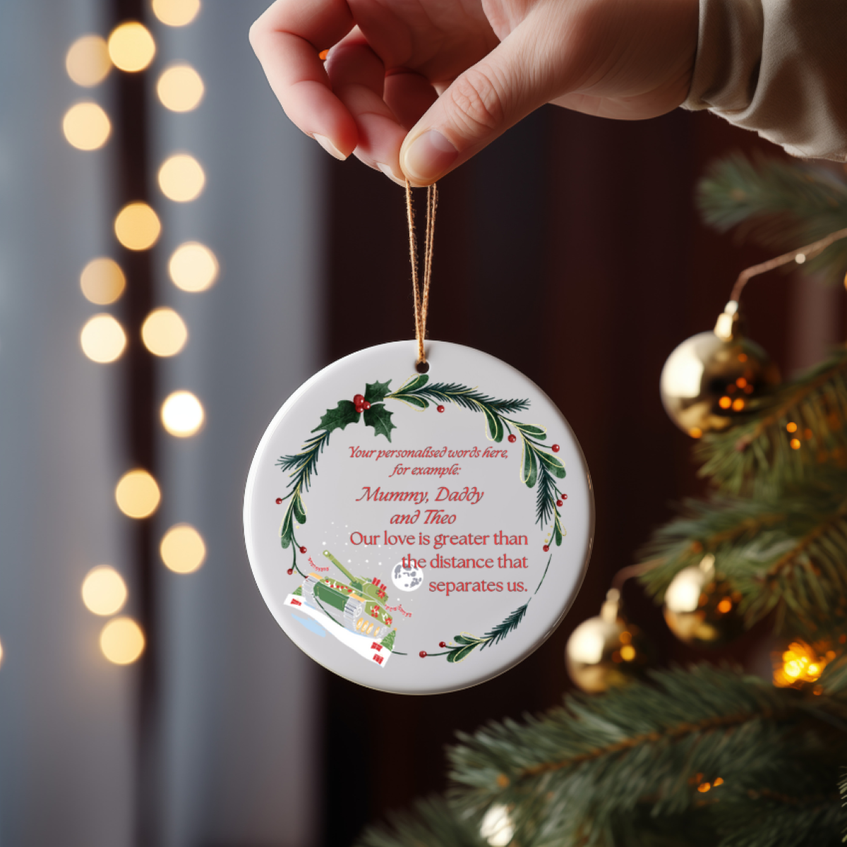 Personalized Army ceramic ornament or gift with  mistletoe wreath. Military family gift, army Christmas gift or decoration.