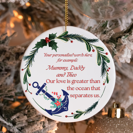Personalized Royal Navy ceramic ornament or gift with  mistletoe wreath. Military family gift, Royal Navy Christmas gift or decoration.