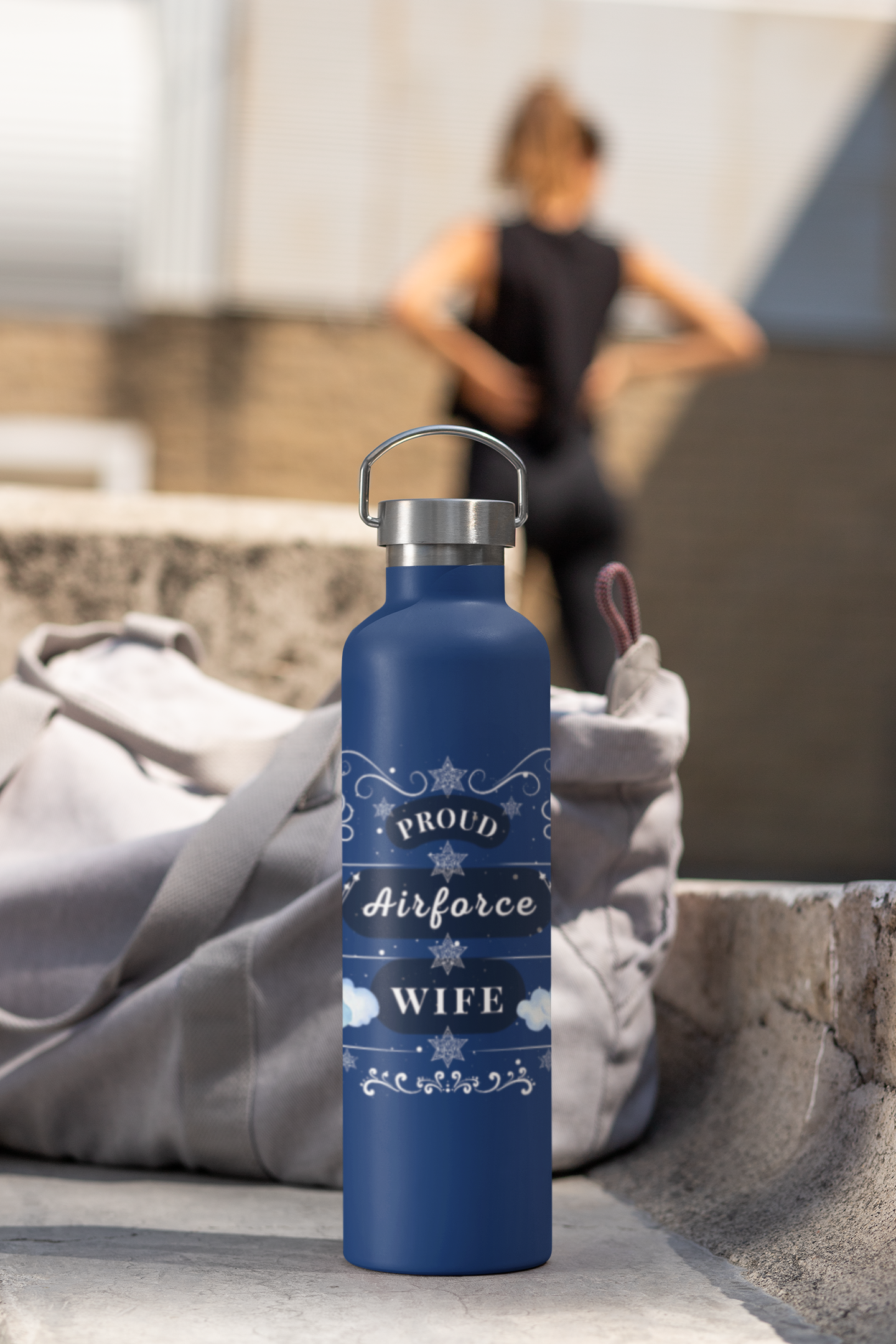 Proud Air Force Wife water bottle in navy blue, 22oz insulated stainless steel with elegant custom design.