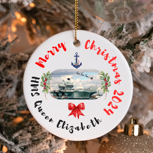 Royal Navy HMS Queen Elizabeth ceramic Christmas ornament or gift with holly wreath. Military family gift, navy Christmas gift, or decoration.