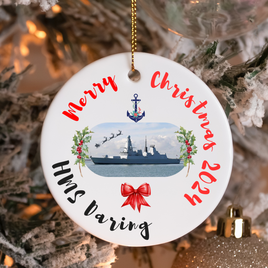 Royal Navy HMS Daring ceramic Christmas ornament or gift with holly wreath. Military family gift, navy Christmas gift, or decoration.