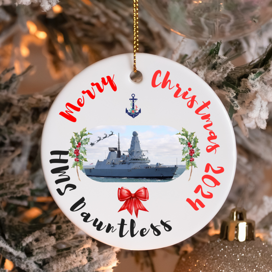 Royal Navy HMS Dauntless ceramic Christmas ornament or gift with holly wreath. Military family gift, navy Christmas gift, or decoration.