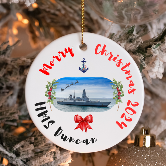 Royal Navy HMS Duncan ceramic Christmas ornament or gift with holly wreath. Military family gift, navy Christmas gift, or decoration.
