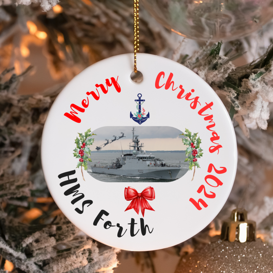 Royal Navy HMS Forth ceramic Christmas ornament or gift with holly wreath. Military family gift, navy Christmas gift, or decoration.