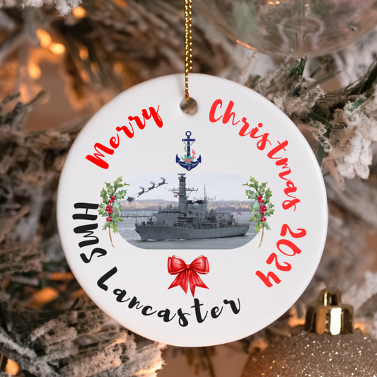 Royal Navy HMS Lancaster ceramic Christmas ornament or gift with holly wreath. Military family gift, navy Christmas gift, or decoration.
