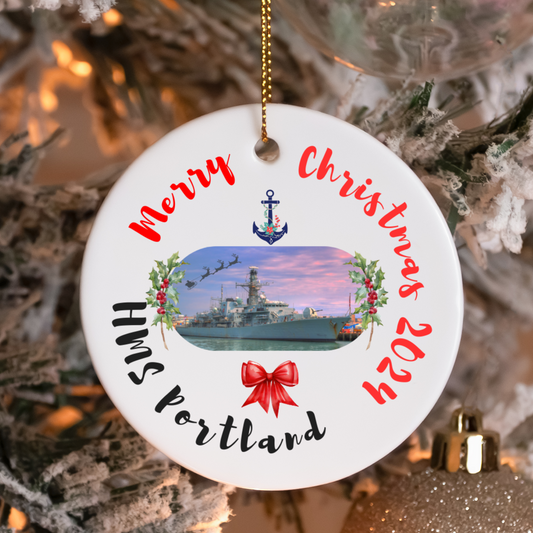 Royal Navy HMS Portland ceramic Christmas ornament or gift with holly wreath. Military family gift, navy Christmas gift, or decoration.