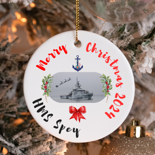 Royal Navy HMS Spey ceramic Christmas ornament or gift with holly wreath. Military family gift, navy Christmas gift, or decoration.