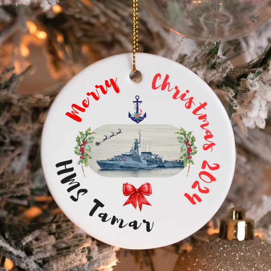 Royal Navy HMS Tamar ceramic Christmas ornament or gift with holly wreath. Military family gift, navy Christmas gift, or decoration.