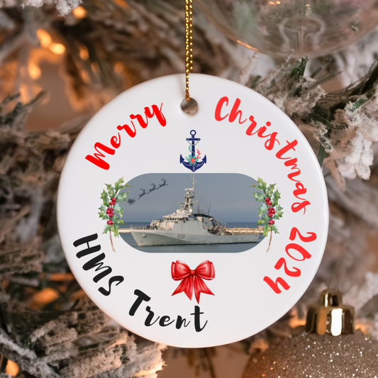 Royal Navy HMS Trent ceramic Christmas ornament or gift with holly wreath. Military family gift, navy Christmas gift, or decoration.