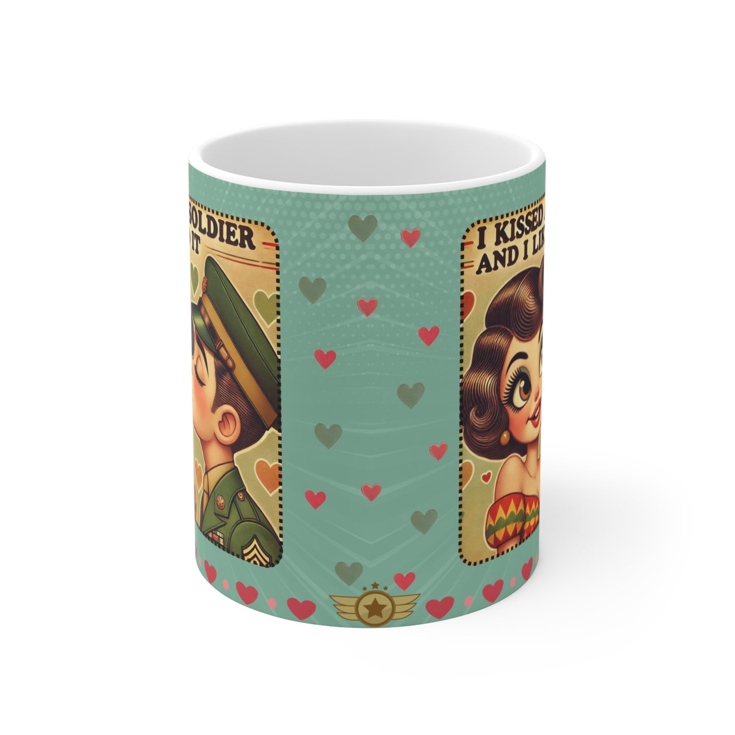 I Kissed a Soldier and I Liked It Retro 50s Coffee Mug – Brunette Lady Design