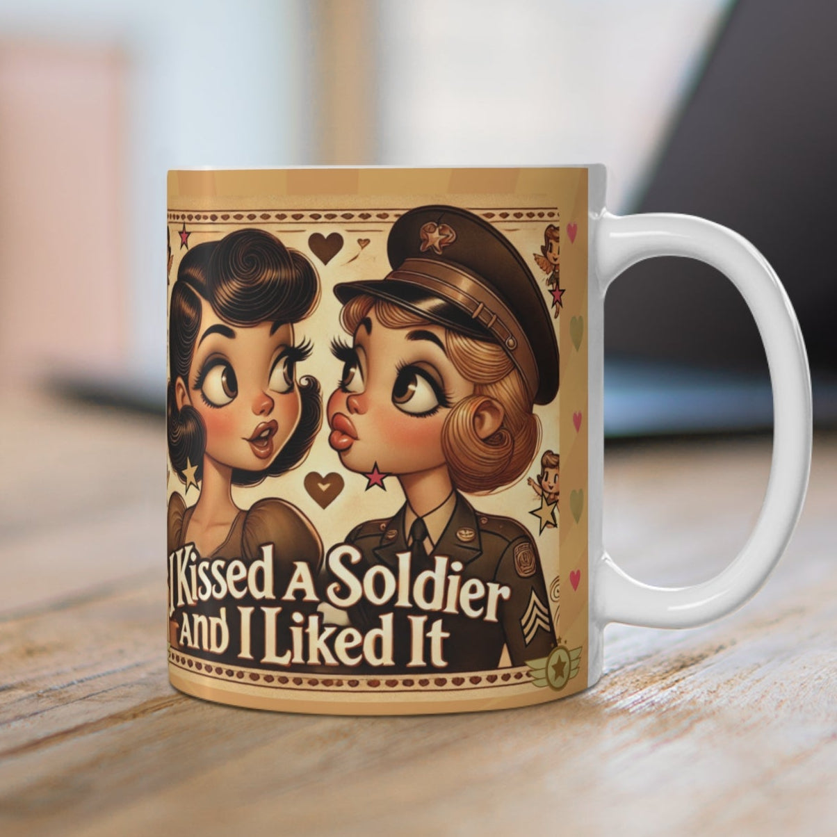 White ceramic coffee mug with 'I Kissed a Soldier and I Liked It' in retro 50s design featuring two women, perfect for LGBTQ+ Army families.