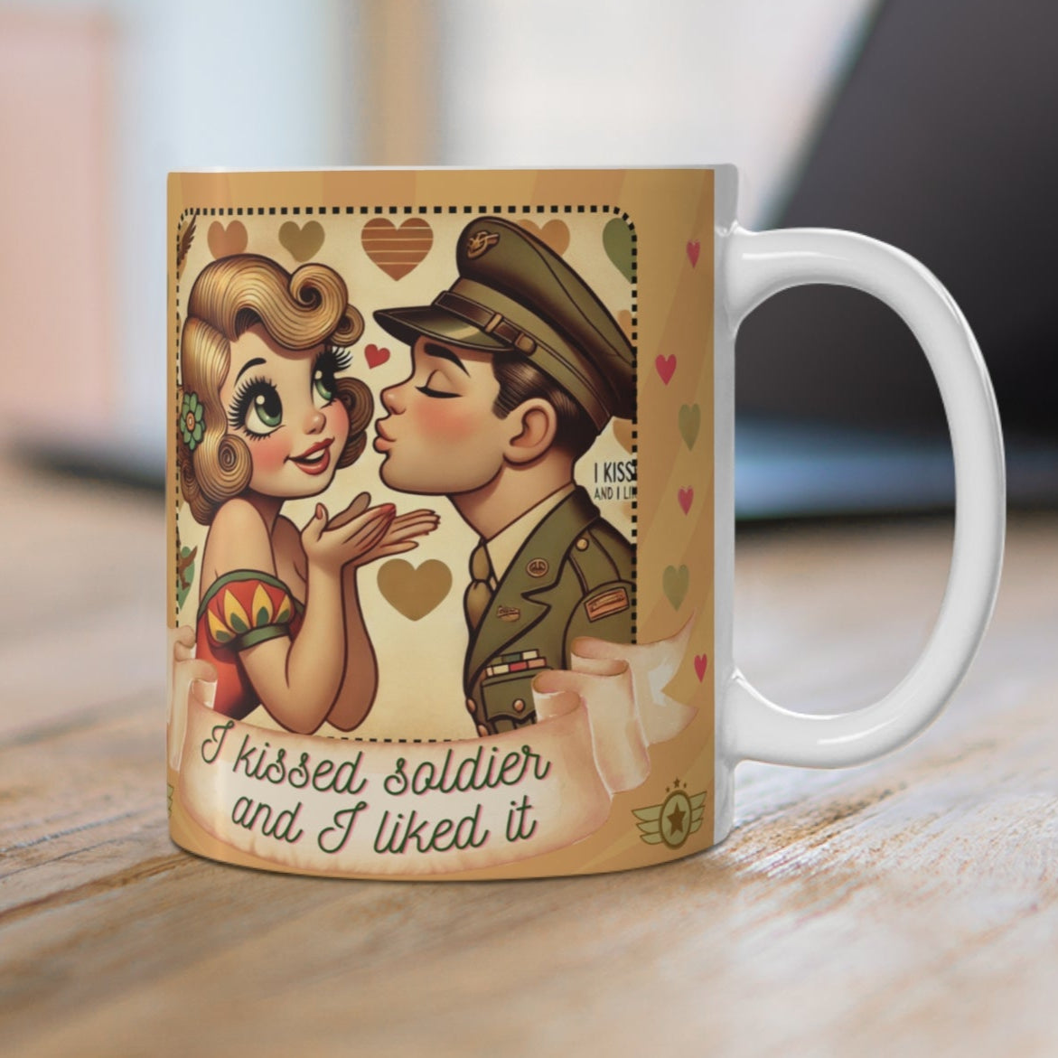 Retro 50s-style ceramic coffee mug with blonde lady and Army-themed 'I Kissed a Soldier and I Liked It' design, perfect for military families.