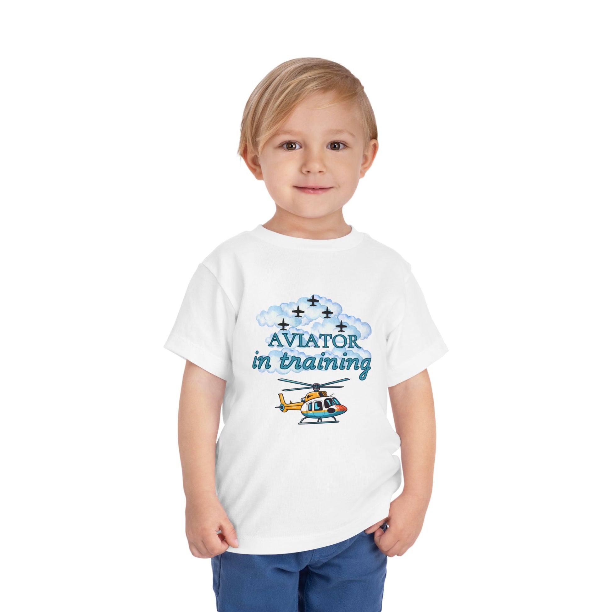 Aviator in Training toddler t-shirt in Air Force blue, perfect for USAF kids and military families, made from soft Airlume cotton